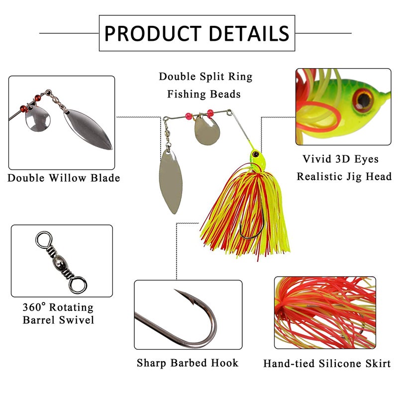Shaddock Fishing Bass Fishing Spinner Bait Kits - Hard Metal Spinnerbait Jigs Multicolor Buzzbait Swimbaits Silicon Skirt Swim Jigs for Trout Pike Salmon Walleye Freshwater Saltwater (6pcs) - Image 2
